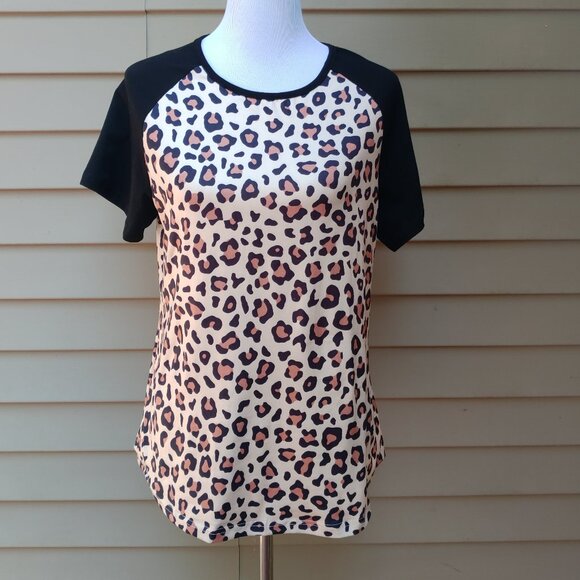 Animal Print Raglan Short Sleeve Top Cream Black Cheetah Blouse - Picture 2 of 9